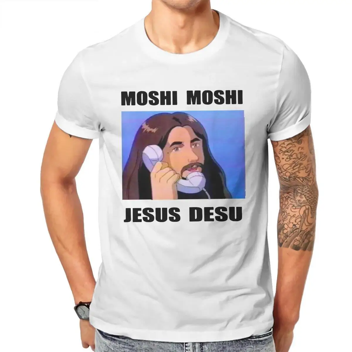 

Moshi Moshi Jesus Desu Funny Meme Men's T Shirt Christian Religion Tees Short Sleeve T-Shirts 100% Cotton Plus Size Clothing