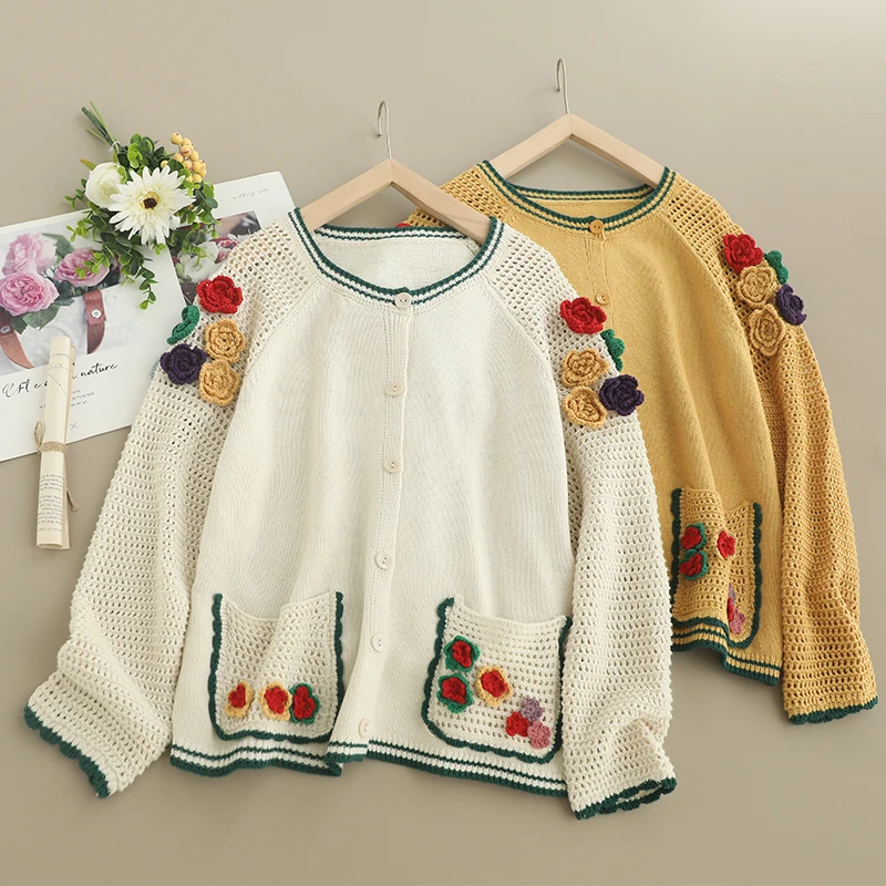 Spring Sweet Solid Flowers Sweater Women Long Sleeve Casual Pockets Hollow Out Knitted Sweater D117
Spring Sweet Solid Flowers Sweater Women Long Sleeve Casual Pockets Hollow Out Knitted Sweater D117
