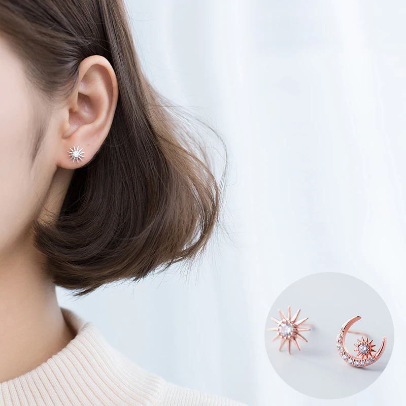 

100% 925 Sterling Silver Zircon Moon Earrings for Women Girl Fashion Sun Asymmetric Design Jewelry Party Gift Dropshipping