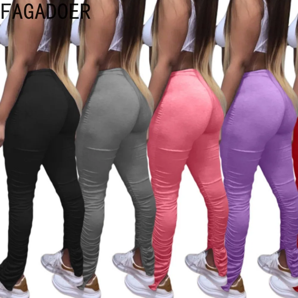 

FAGADOER Fashion Solid Color Skinny Stacked Pants Women High Waisted Elasticity Slit Trousers Casual Female Sporty Bottoms 2024