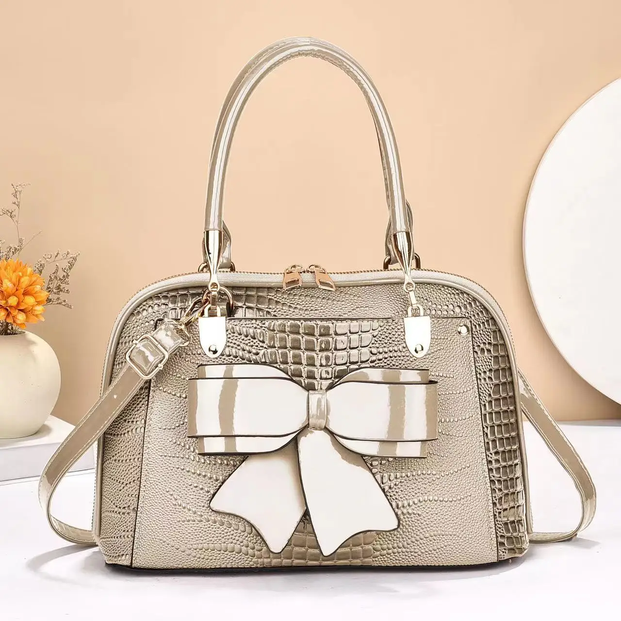 

Bow Knot Fashion Summer Messenger Bag Retro Women's Trend Single Shoulder Crossbody Bags Light Luxury Crocodile Pattern Handbag