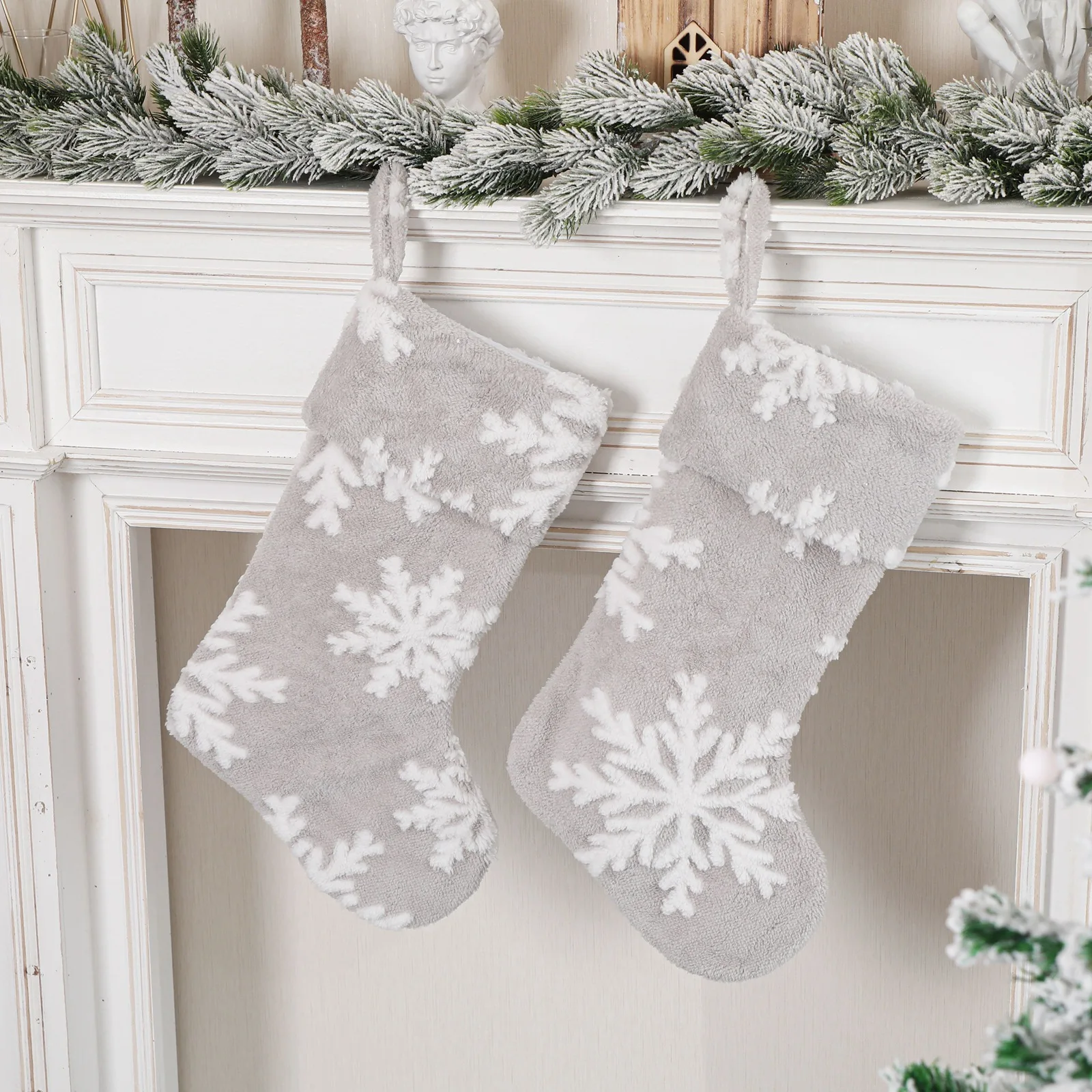 

Christmas Tree Decorative Supplies Gray Plush Jacquard Socks Snowflake Gift Bag Candy
