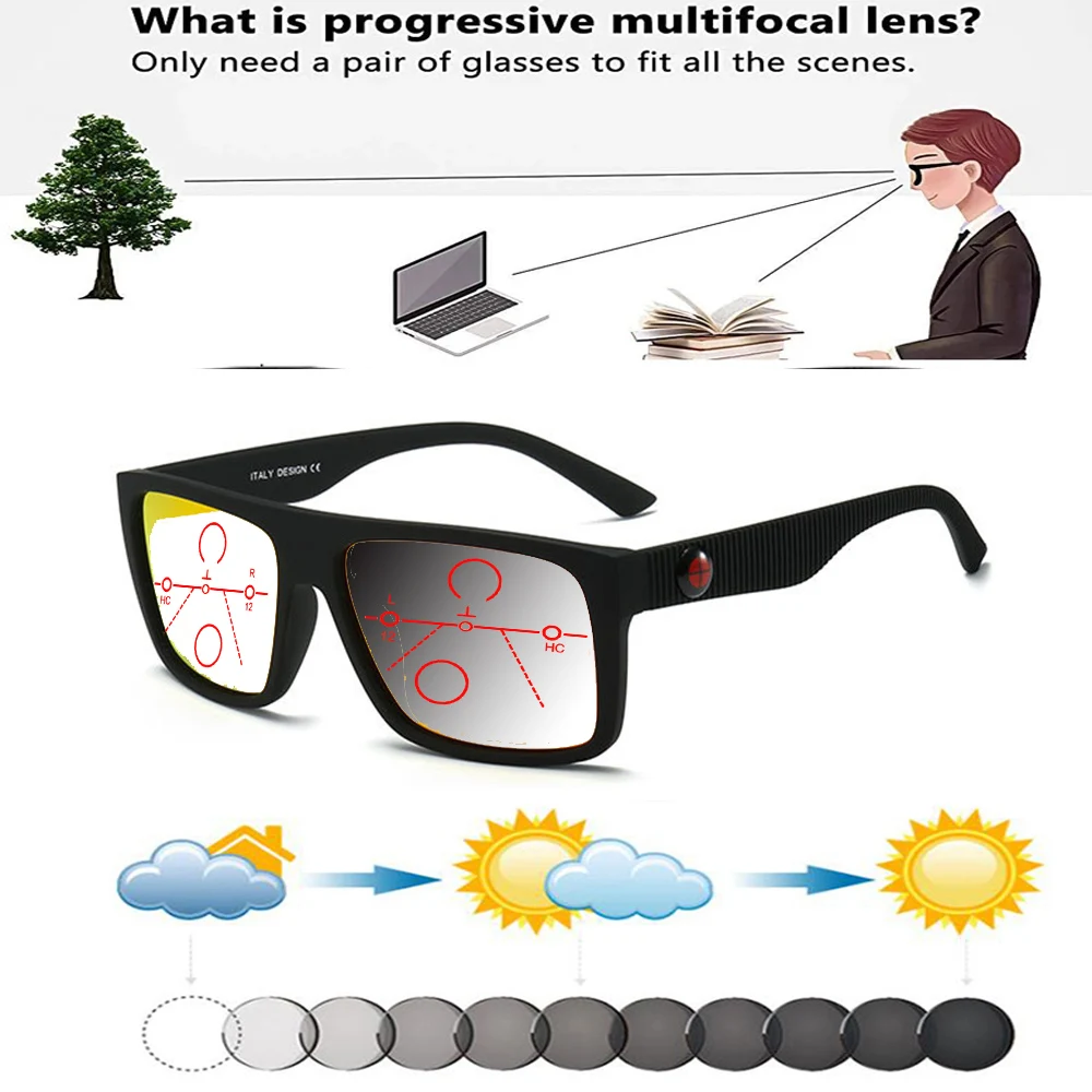 

Rectangular Outdoor Trend Square Oversized Frame Comfortable Photochromic Progressive Multifocal Reading Glasses +0.75 To +4