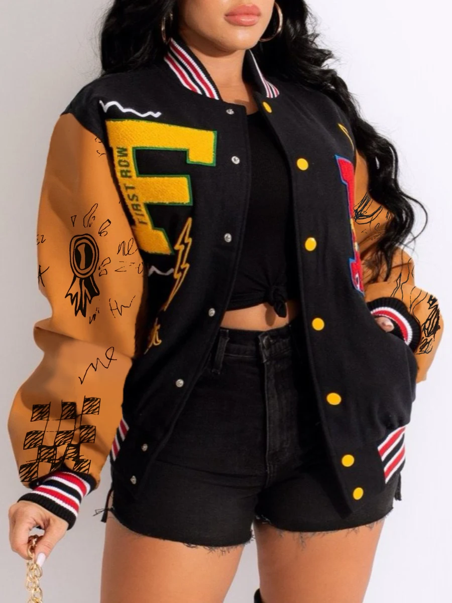 

LW Autumn & Winter Women Baseball Coat Varsity Clothes Y2K Streetwear 2023 Long Sleeve Tops Cartoon Letter Decor Striped Jacket