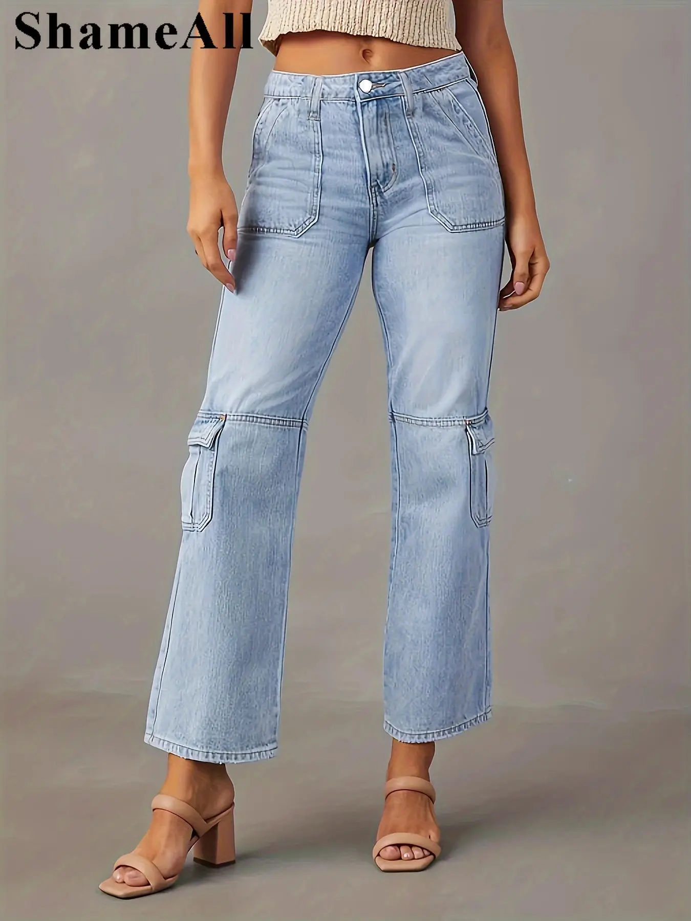 

Women's Side Flap Pocket Denim Cargo Pants, Light Washed Casual Slash Pocket Cargo Jeans