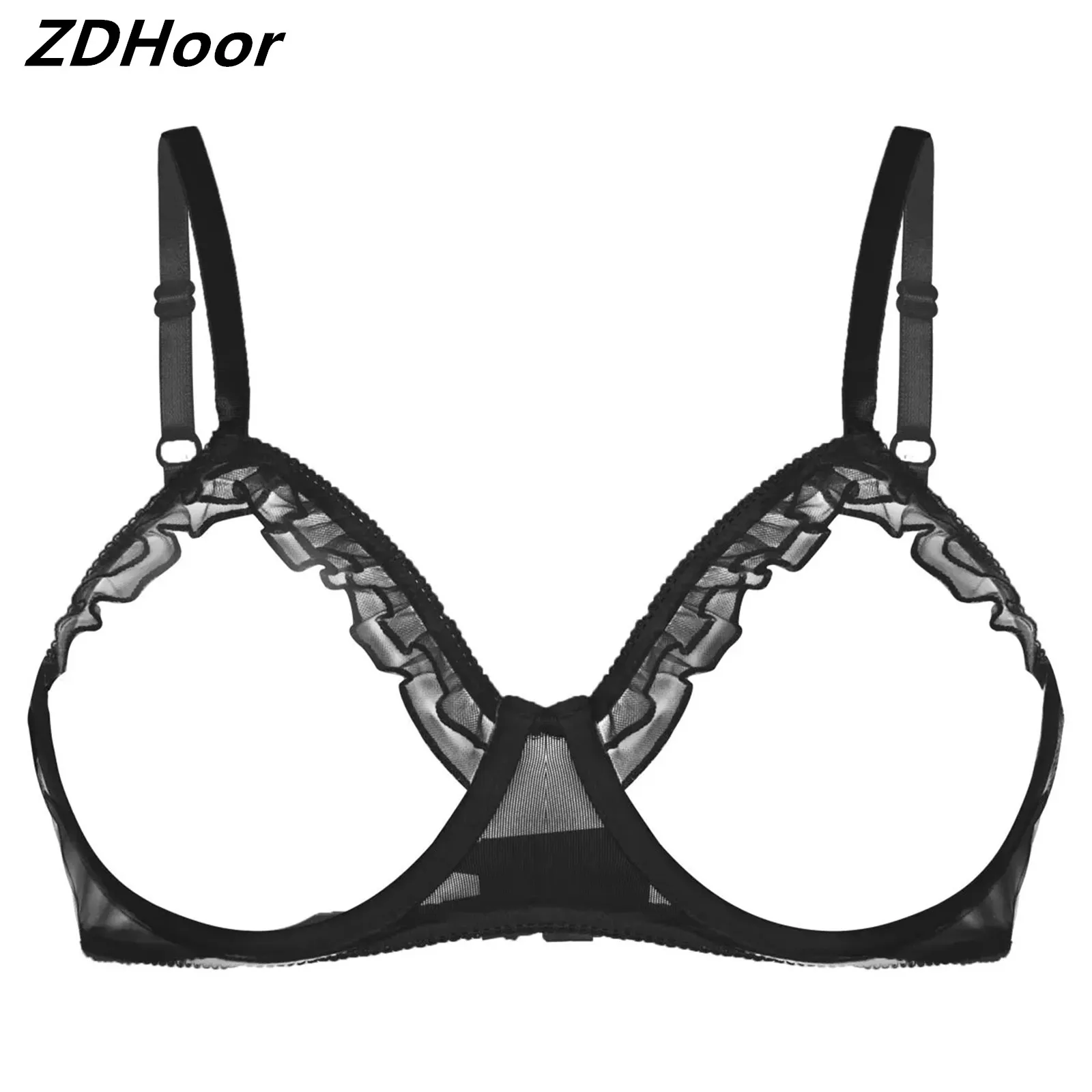 

Womens Sexy Bra See Through Sheer Mesh Erotic Lingerie Bras Adjustable Spaghetti Shoulder Straps Bare Breast Ruffles Underwired