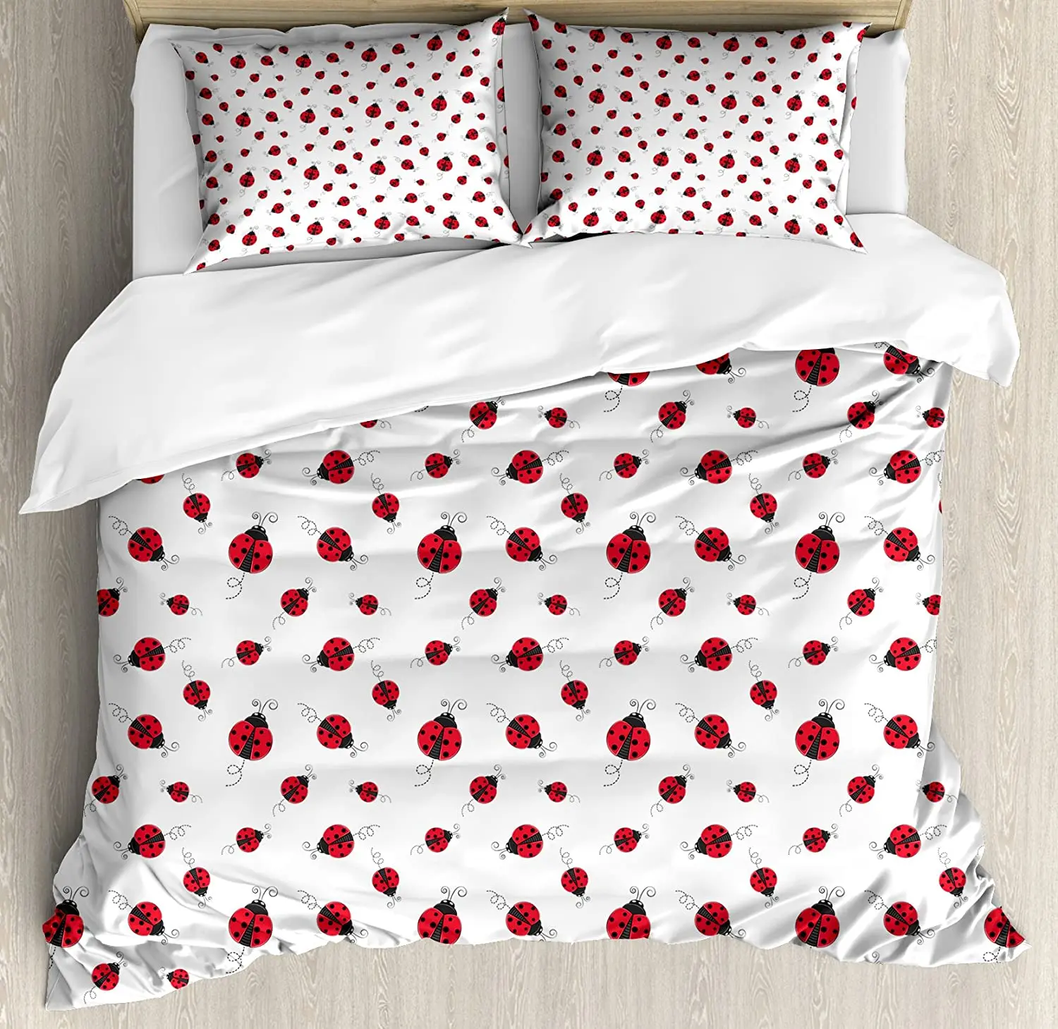 Ladybugs Bedding Set For Bedroom Bed Home Ladybug with Dotted Wings Swirls and Curves Abs Duvet Cover Quilt And Pillowcase |