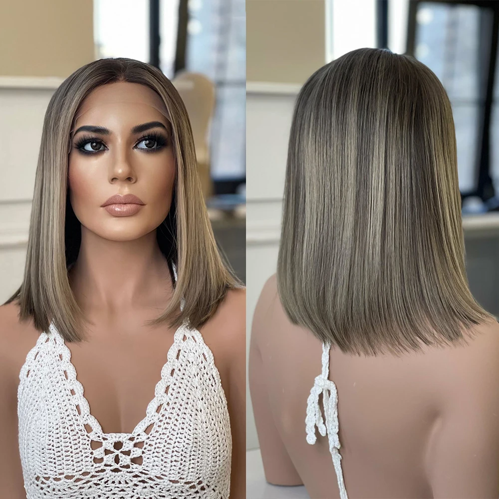 

13x4 Lace Front Human Hair Wigs HD Transparent Short Bob Wig Ash Brown Blonde Highlights Glueless Straight Lace Frontal Wig 180