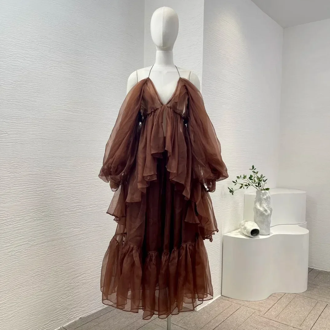 

New Collection High Quality Coffee Brown Long Sleeve Halter Asymmetrical Ruched V-Neck Backless Blouse Tops Midi Pleat Skirt Set