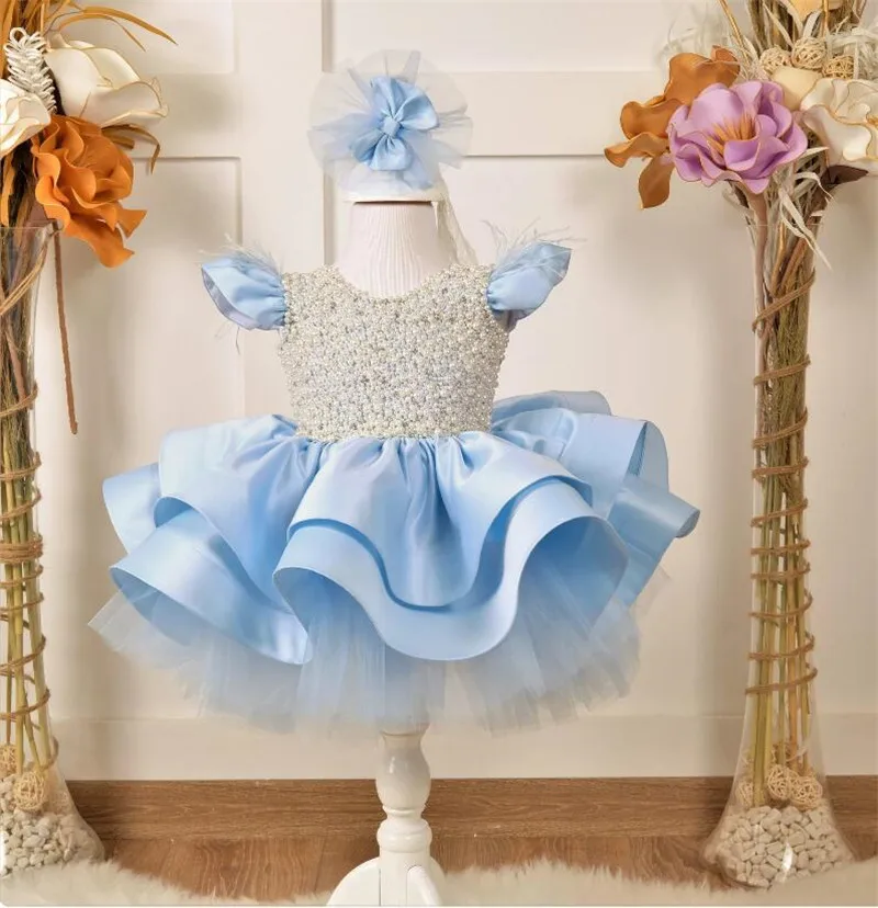 

Sky Blue Baby Girls Dress Pearls Beading Tulle Party Gowns Flower Girl Dress Infant Toddler Tutu First Birthday Dress 12M 24M