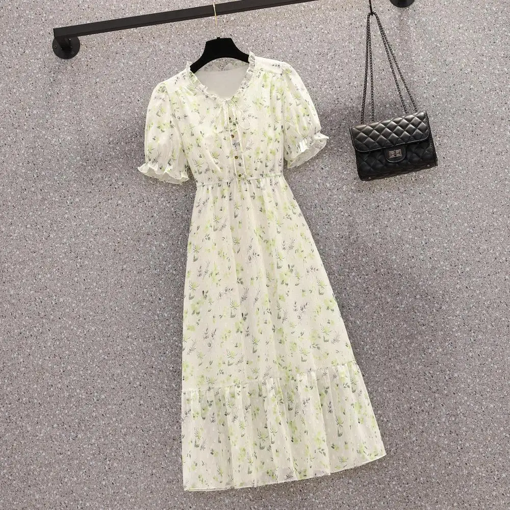 Женское шифоновое платье с цветочным принтом, Элегантное однобортное летнее платье большого размера 4XL с V-образным вырезом, бантом и коротким рукавом, оборками 
Женское шифоновое платье с цветочным принтом, Элегантное однобортное летнее платье большого размера 4XL с V-образным вырезом, бантом и коротким рукавом, оборками