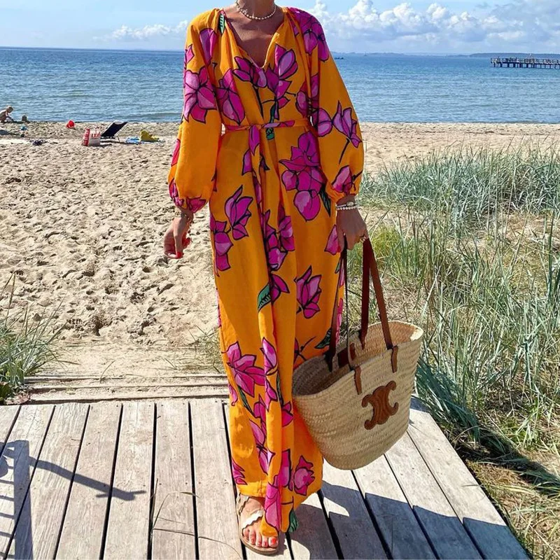 Flower Printed Maxi Dresses Women Long Sleeved V-neck Leace-up Loose Beach Vacation Dress Fashion Casual Autumn Ladies Vestidos
Flower Printed Maxi Dresses Women Long Sleeved V-neck Leace-up Loose Beach Vacation Dress Fashion Casual Autumn Ladies Vestidos