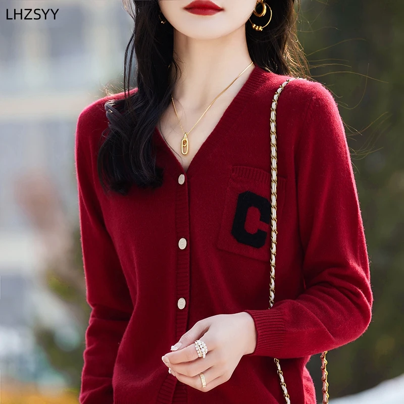 

LHZSYY 2024 Spring New Pure Wool Cardigan Ladies V-neck Loose Knit Jacket Joker Short Sweater Casual Coat Blouse Bottoming Shirt