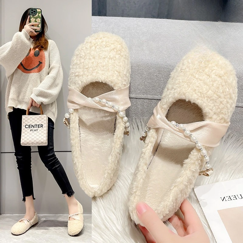 

Winter Shoes Women Female Footwear Round Toe Pearl Decorateion Casual Sneaker Loafers Fur Autumn Shallow Mouth Dress New Beading