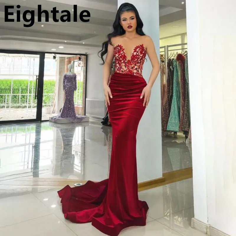 

Eightale 2022 Burgundy Velour Arabic Long Mermaid Beaded Evening Dress Sweetheart Prom Party Gown Dubai vestidos de fiesta