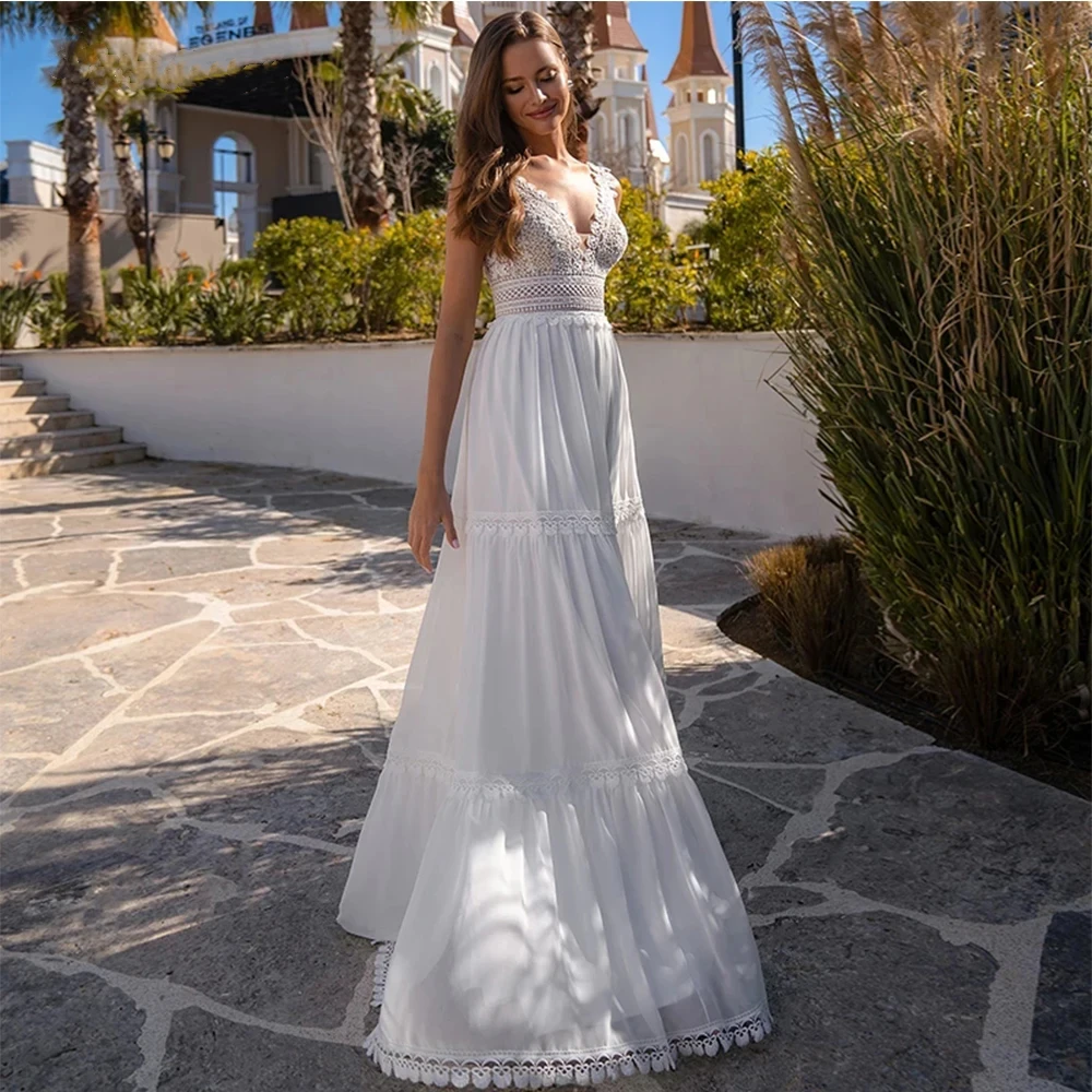 Luxury Simple Boho Wedding Dresses For Bride V-Neck Sleeveless Lace A-Line Open Back Appliques Tiered Bridal Gowns Bohemian 2024
Luxury Simple Boho Wedding Dresses For Bride V-Neck Sleeveless Lace A-Line Open Back Appliques Tiered Bridal Gowns Bohemian 2024