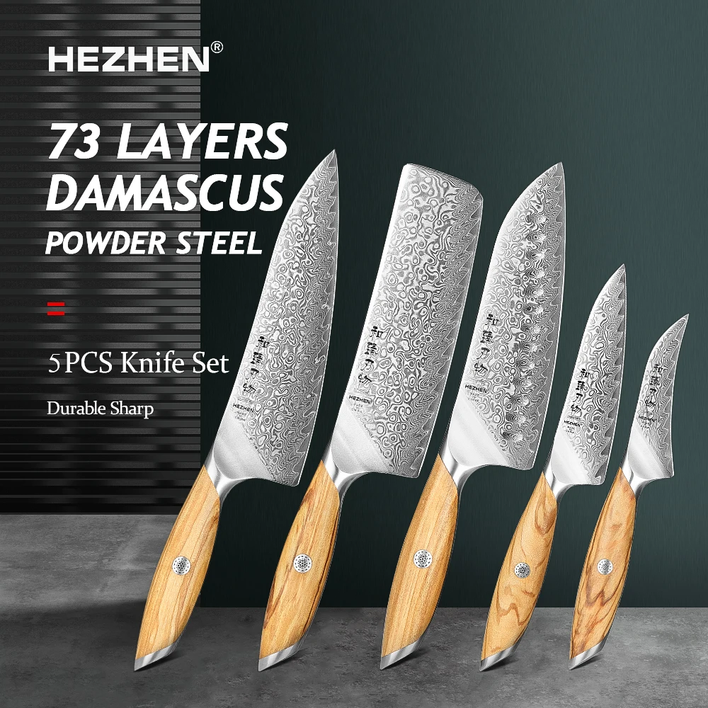 

HEZHEN 5PC Kitchen Knife Set 73 Layers Composite Damascus Steel Beautiful Gift Box Chef Utility Nakiri Knives Olive Wood Handle