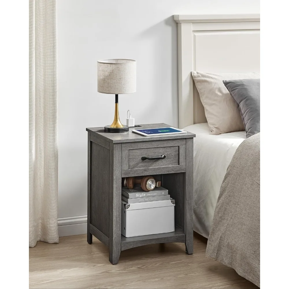 

Farmhouse Nightstand with Charging Station, Bedside Table with Drawer, Open Compartment, Side Table with Storage
