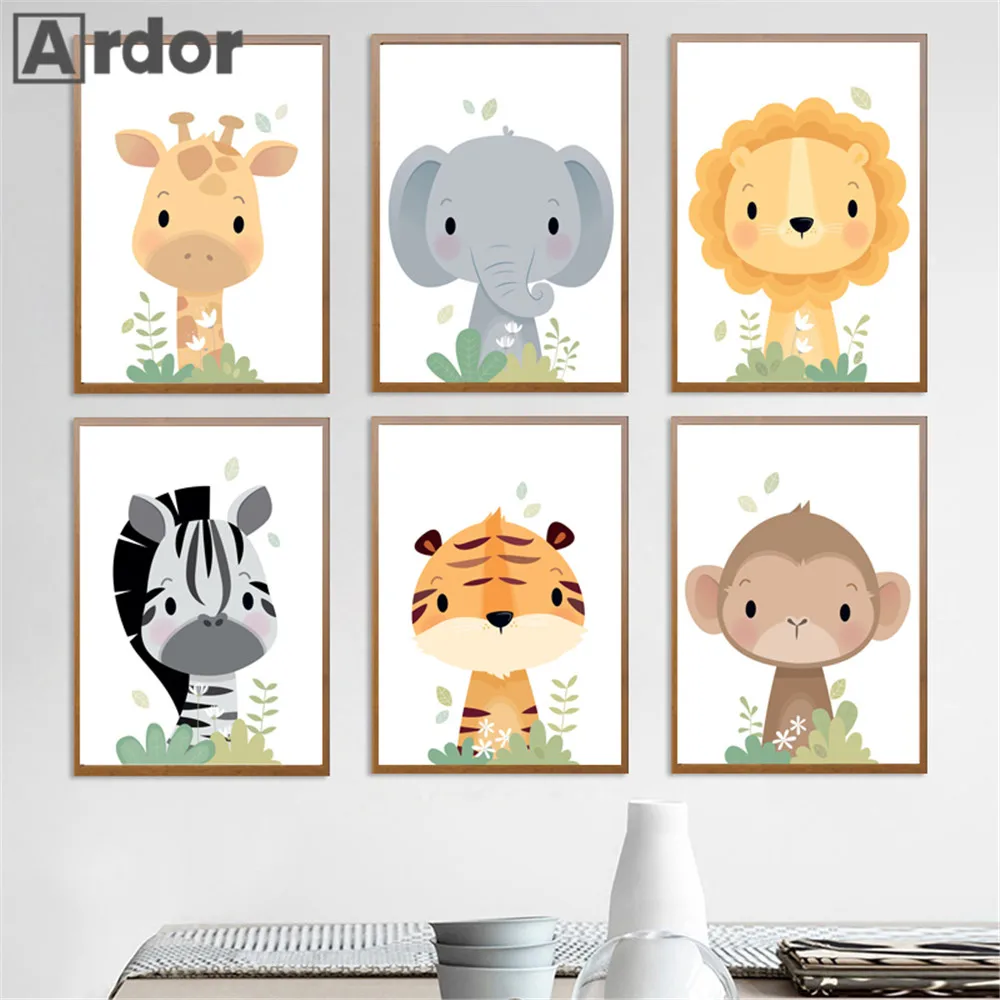 

Lion Tiger Monkey Elephant Canvas Painting Jungle Poster Nursery Wall Art Print Nordic Posters Wall Pictures Kids Room Decor