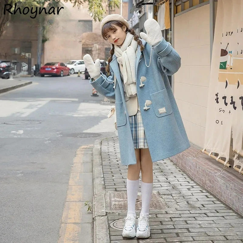 

Hooded Coat Sweet Girls Preppy Style Solid Horn Button Autumn Winter Warm Loose Japanese Style Gentle Design All-match Chic Cozy