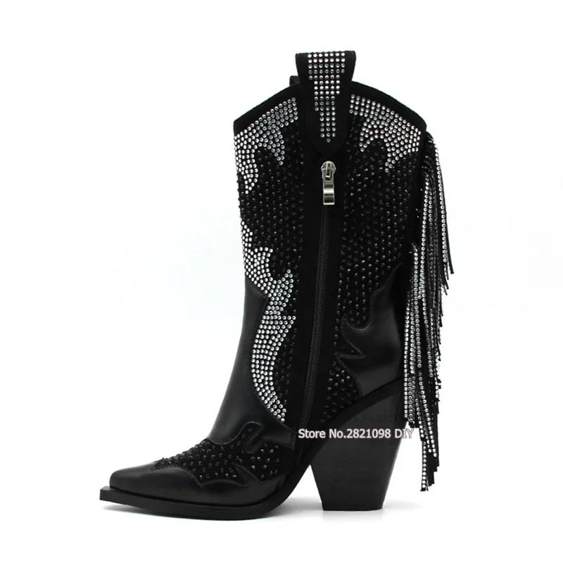 

Black Rhinestone Tassel Boots for Women Crystal Fringed Cowboy Short Boots Thick Heels Black Winter New Design Gladiator Bota