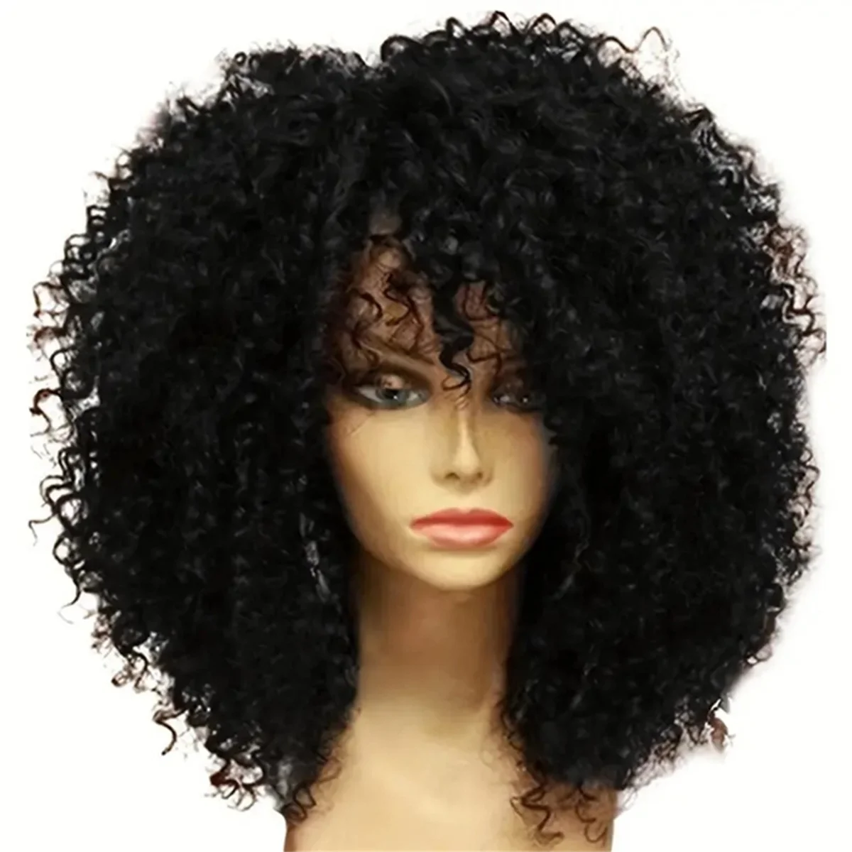 

16 Inch for Afro Kinky Curly Hair Wigs with Bangs Soft Fluffy Synthetic Fiber None Lace Wigs for Party Cosplay(B)