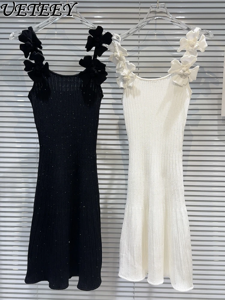 

2024 Summer New Three-Dimensional Flower Shoulder Strap Slimming Dresses Waist-Tight Hot Girl Knitted Sling Dress for Women