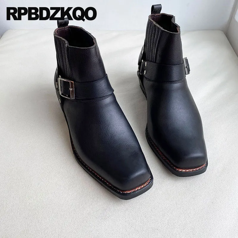 

Goodyear Welted Boots Ankle Chelsea Shoes Chunky Full Grain Leather Handmade Fall Square Toe Men Male Harness Plus Size Short