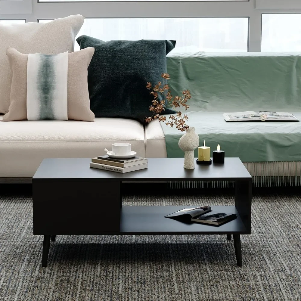 Retro Mid-Century Center Tables Cocktail Table With Storage Shelf for Reception Modern Wood Coffee Table for Living Room Black 
Retro Mid-Century Center Tables Cocktail Table With Storage Shelf for Reception Modern Wood Coffee Table for Living Room Black