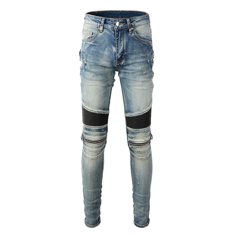 Street Fashion Men Jeans Retro Blue Elastic Slim Fit Spliced Biker Jeans Homme Leather Patch Designer Hip Hop Brand Pants Men
Street Fashion Men Jeans Retro Blue Elastic Slim Fit Spliced Biker Jeans Homme Leather Patch Designer Hip Hop Brand Pants Men