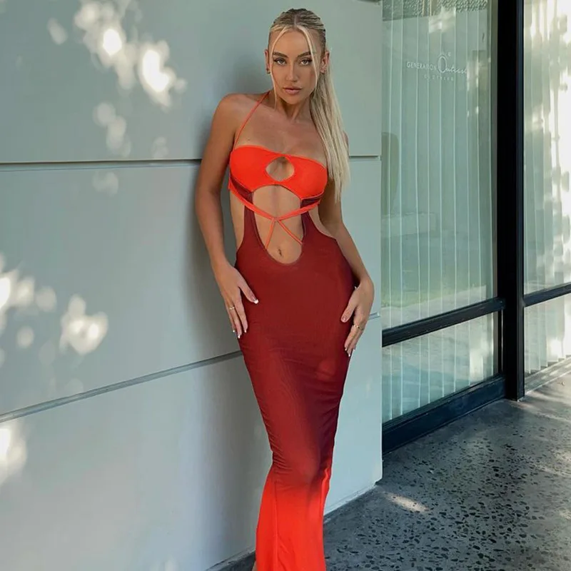 

Gradient Orange Cutout Halter Long Dress 2023 Spring Summer Sexy Vacation Outfits Backless Bodycon Dresses C66-CG19