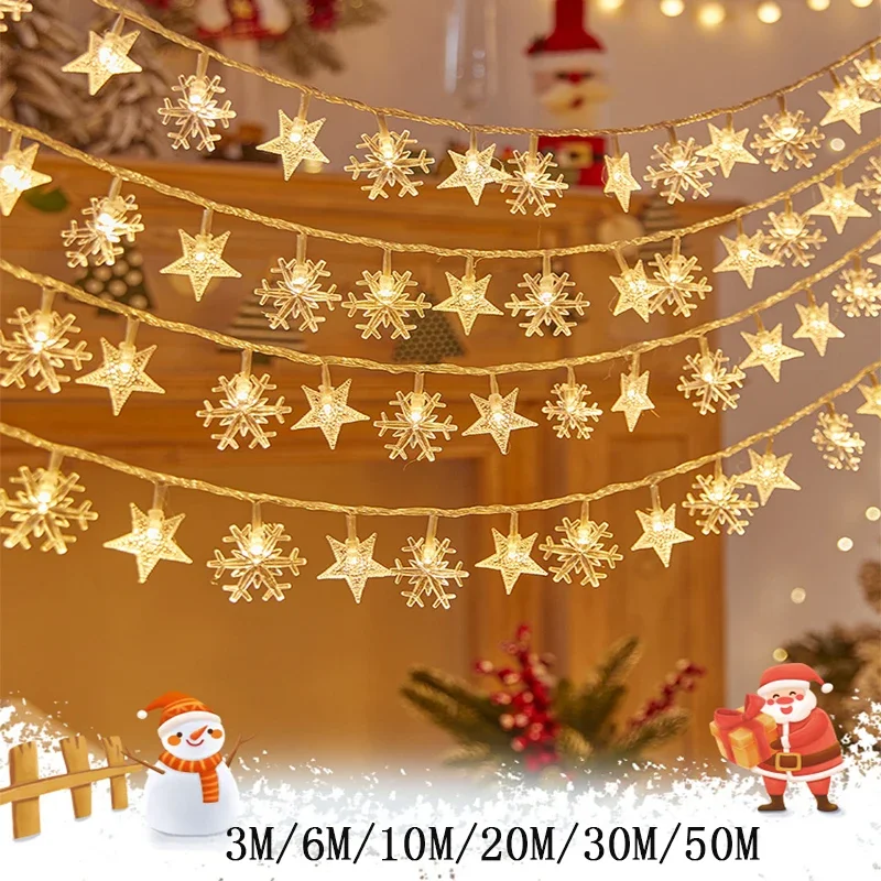 

3M/10M/50M USB/Battery Power Snowflake Christmas LED String Lights Garland Outdoor Lamp Garden Fairy Lights 2024 New Year Decor