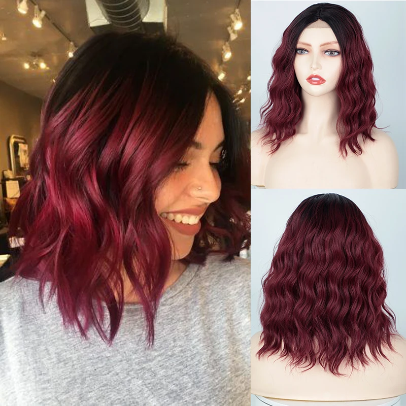 

14inch Culy Bob Wig Short Natural Wave Bob Wigs for Women Daily Use Ombre Synthetic Wavy Middle Part Wig Lolita Cosplay Burgundy