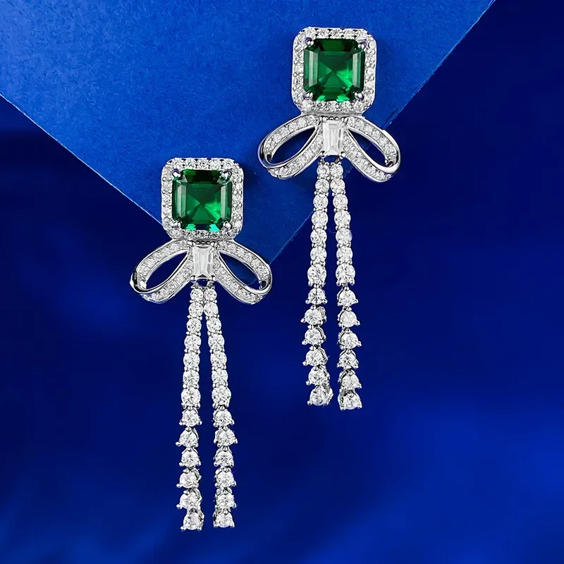 

Tassels Emerald Diamond Dangle Earring Real 925 Sterling Silver Jewelry Engagement Wedding Drop Earrings for Women Bridal Gift