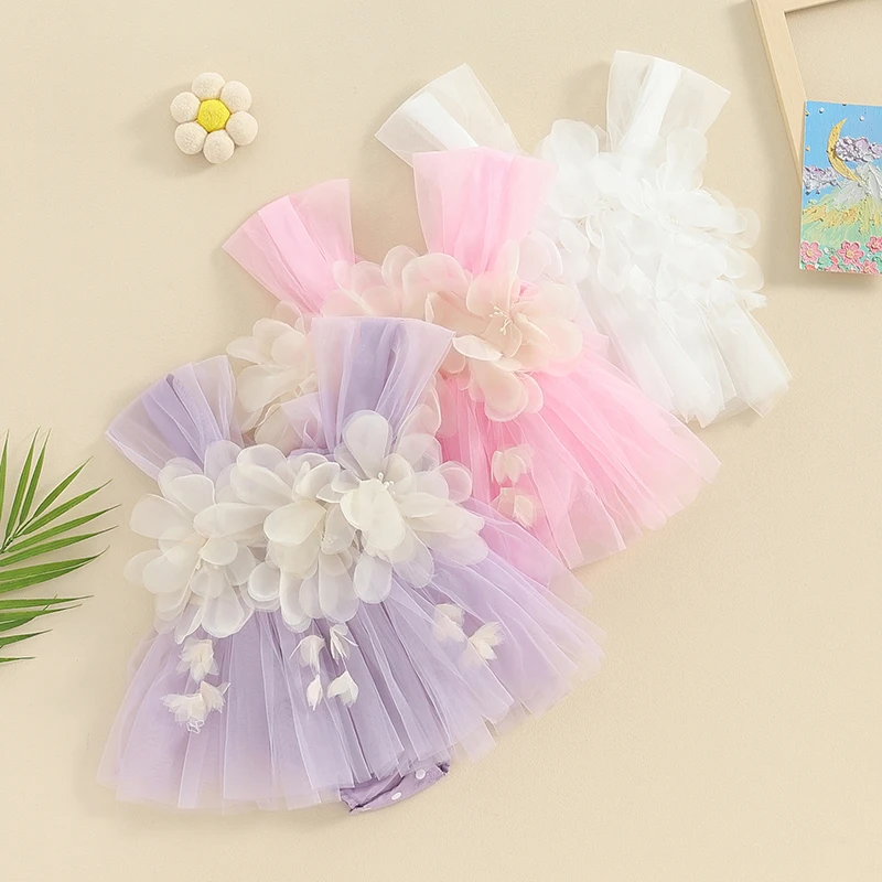 

0-18M Newborn Baby Girls Summer Romper Dress Sleeveless 3D Flower Decor Tulle Patchwork Princess Romper Cute Infant Bodysuits
