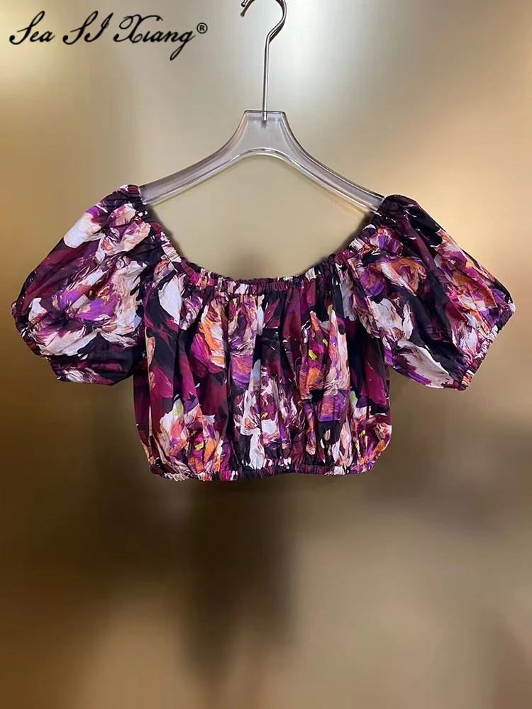 

Seasixiang Fashion Designer Summer Vintage Cotton Tops Women's Slash neck Puff Sleeve Flower Print Vacation Backless Short Tops