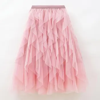 Obtenha um Glamour Encantador com a Saia de Tule Sexy em Rosa Pink! 7 Tutu Tulle Long Maxi Skirt Women Fashion Korean Cute Pink High Waist Pleated Skirt Mesh Female Lady Aesthetic Skirts