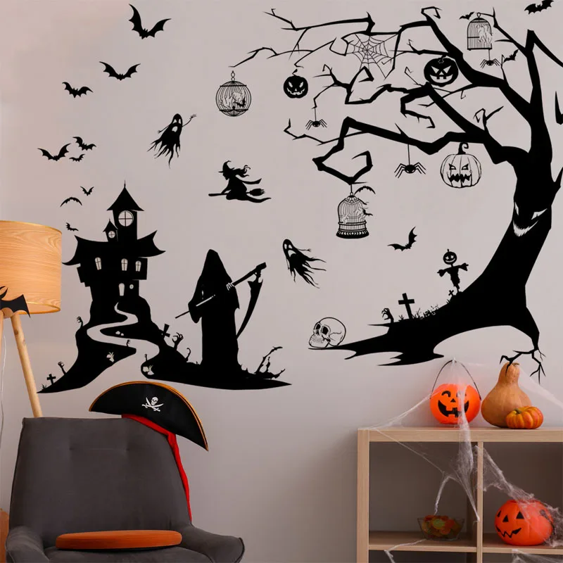 Декоративная наклейка на стену в стиле Хэллоуин с витой шеей и деревом Batcastle, самоклеящиеся обои для гостиной, спальни