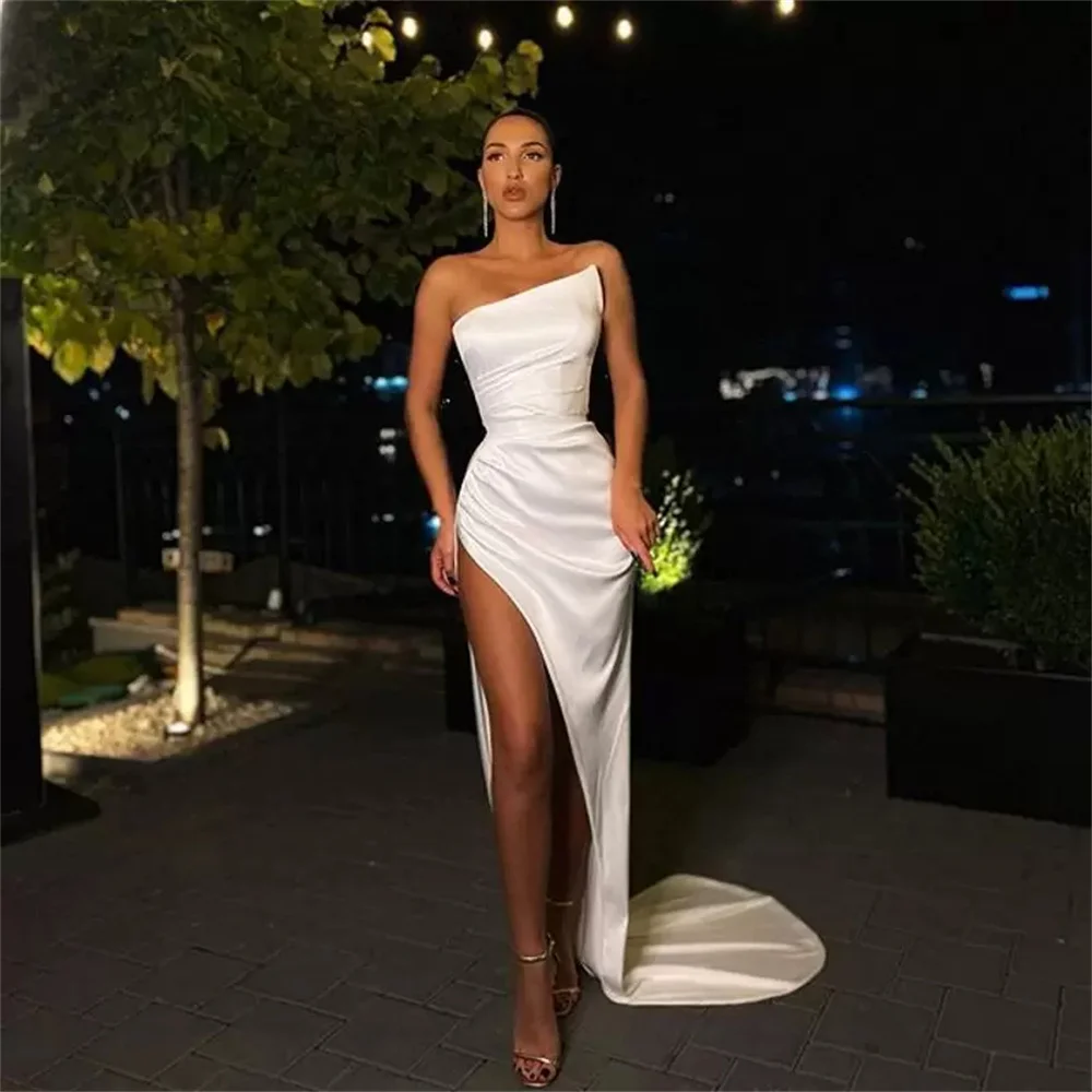 

Mermaid/Trumpet Floor-Length 2024 Train Applique Satin Ladie Pure Color Ruched Formal Prom Evening Party Dress High Split Sleeve
