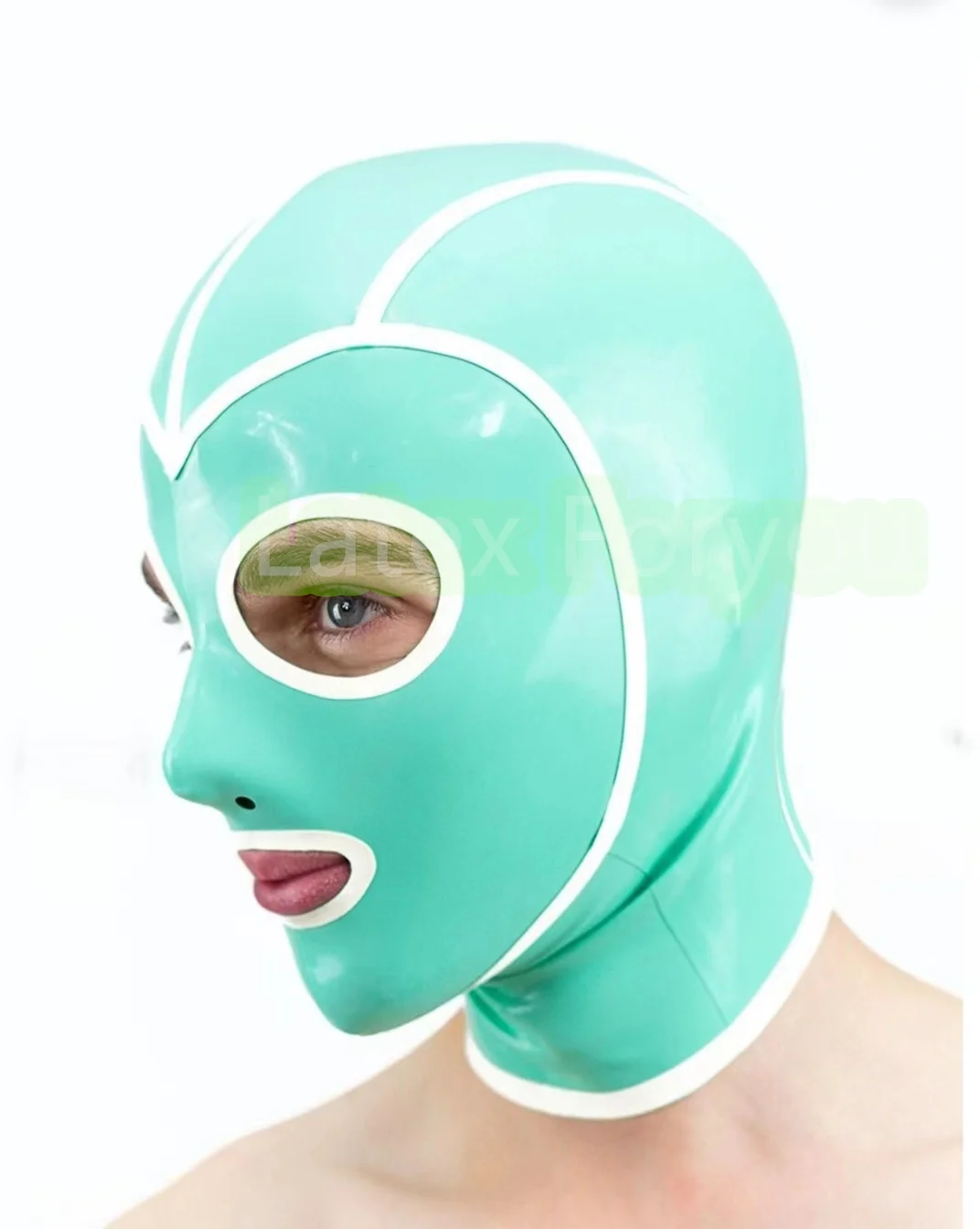 Full Face Cover Handmade Lake Blue Latex Hood With White Trim Fetish Customize Size Mask for Catsuit Party Wear
Full Face Cover Handmade Lake Blue Latex Hood With White Trim Fetish Customize Size Mask for Catsuit Party Wear