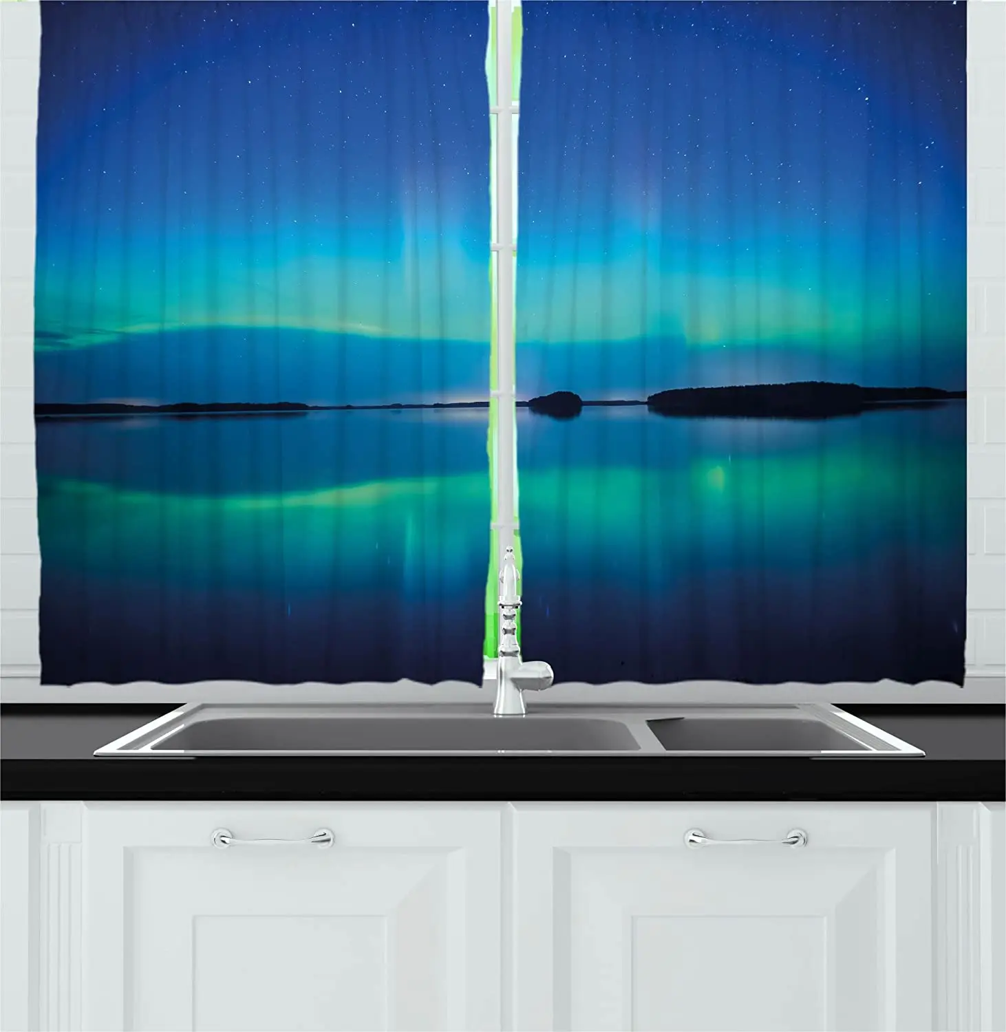 

Blackout Curtains Northern Lights Sky Landscape In The Tranquil Lake Color Reflection Landscape Kitchen Cafe Curtains