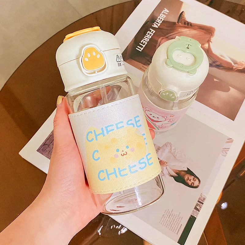 Kawaii Cartoon Glass Water Bottle with Straw 13oz Kawaii Cartoon Glass Water Bottle with Straw 13oz