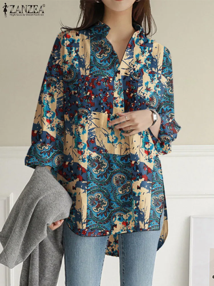 

ZANZEA Casual Irrgular Hem Blusas 2024 Spring Cotton Shirts Women Elegant Long Sleeve Tunic Top Vintage Geometric Print Blouse