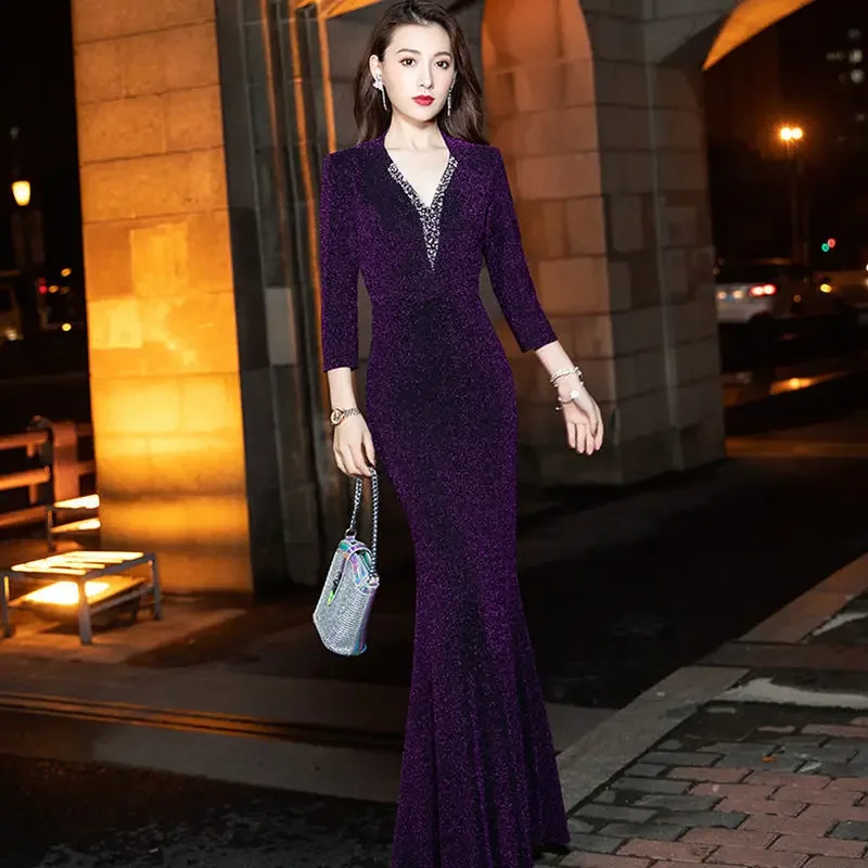 

Fashion Women Party Dress Fishtail Maxi Dress Women's Clothing Luxury Shiny Evening Dress Three Quarter Sleeves Cheap Wholesale