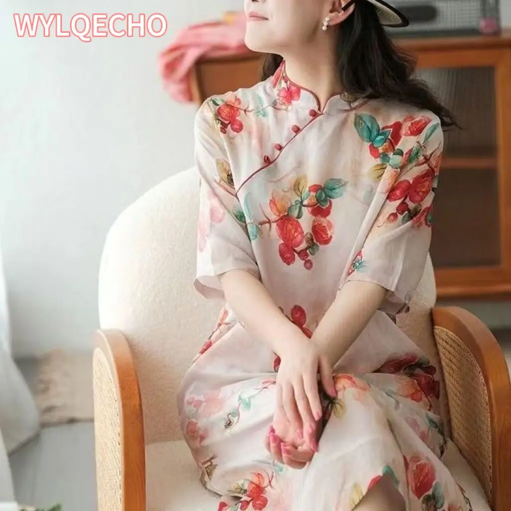 

2024 new chinese style traditional cheongsam dress vintage qipao dress oriental style floral cotton linen comfortable dress