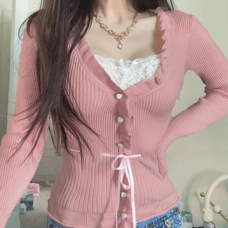 Fashionable Long Sleeve Lace Patchwork Pink Faux Two-piece Knit Sweater, Autumn/Winter New Arrival, Women’s Top with Tie Waist
Fashionable Long Sleeve Lace Patchwork Pink Faux Two-piece Knit Sweater, Autumn/Winter New Arrival, Women’s Top with Tie Waist