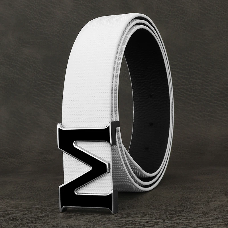 

Designer Belt Men High Quality Fashion M Letter Luxury Famous Brand Genuine Leather Belt White Casual Waistband Cinto Masculino