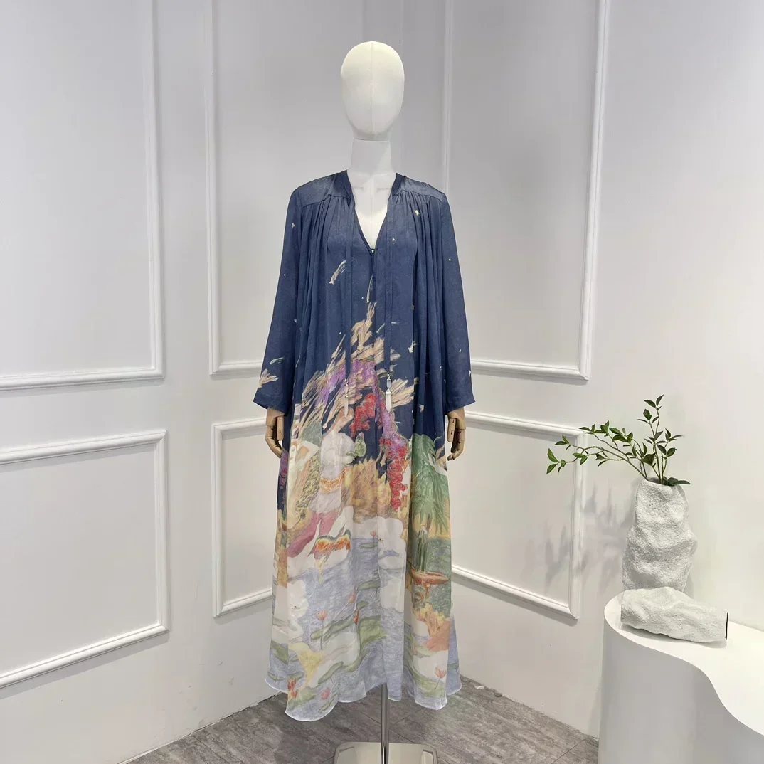 

Женское винтажное шелковое платье-миди, повседневное свободное синее платье с длинными рукавами, с ручной росписью, на шнуровке, для отдыха, 2023