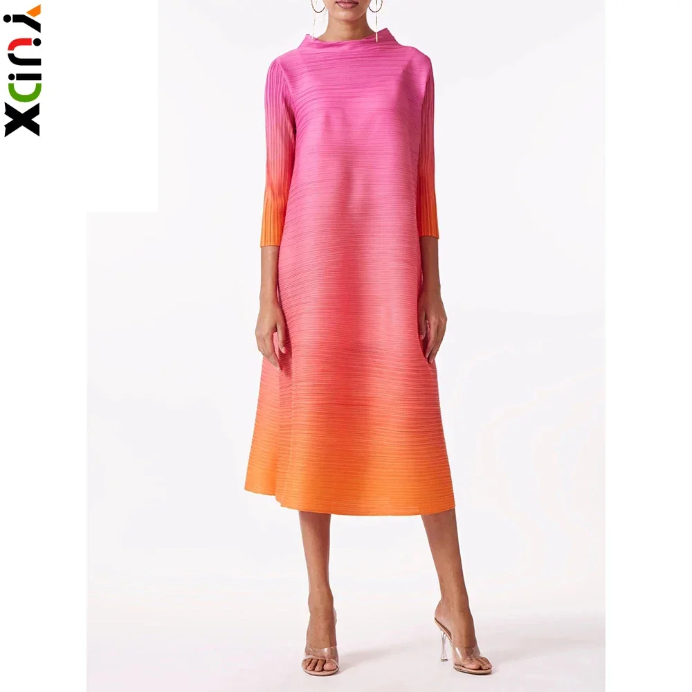 

YUDX Miyake Elegant Gradient Pleated Dress Turtleneck Full Sleeves Pink Orange Fashion Mid-Calf Dresses for Women 2023 New