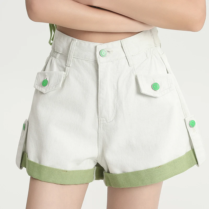 

Vintage Rolled Light Denim Shorts Women's Summer 2024 New High Waist Wide Leg Hot Shorts Female Pocket Shorts XS-XXL Pink Green